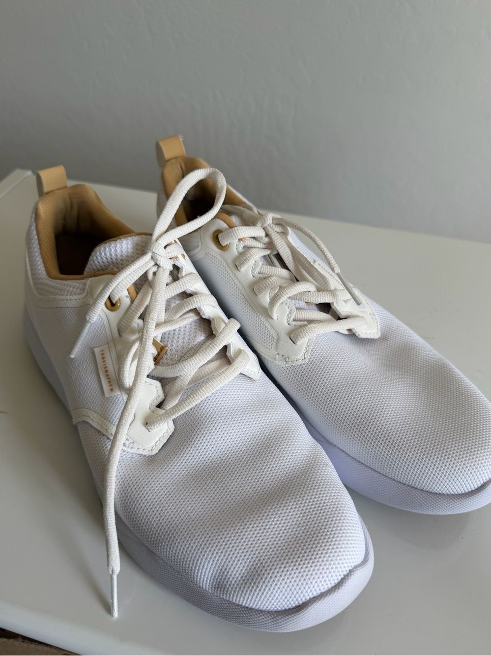 Travis Mathew The Daily White Canvas & Tan Slip-On Sneakers - Size 8.5